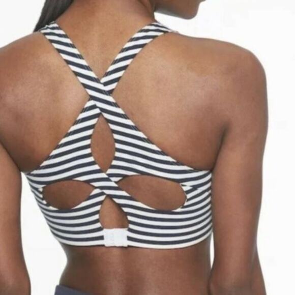 Athleta Navy Blue White XSmall Striped High Neck Mudra Sports Bra Cut Out Back - Picture 4 of 12